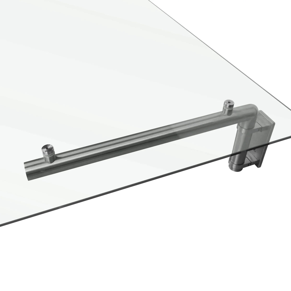 Clear glass door canopy with sleek stainless steel brackets, showcasing a modern design and sturdy construction for outdoor use