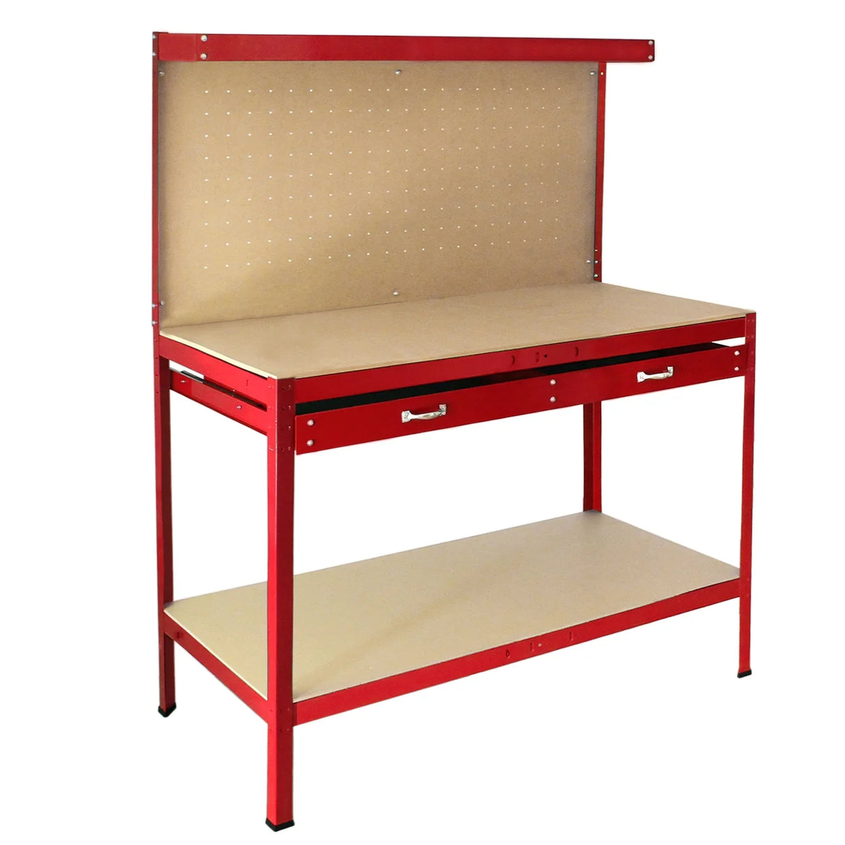 Red workbench featuring a pegboard back, two drawers, and a sturdy tabletop, ideal for organizing tools and workspace