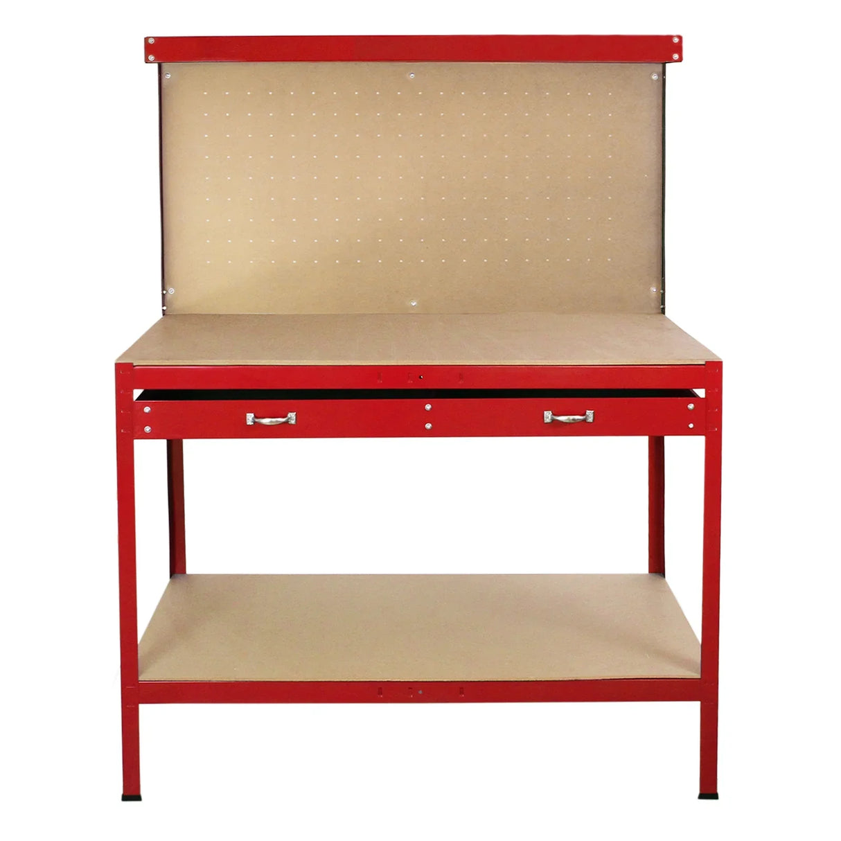 Red workbench featuring a pegboard back, smooth countertop, and two drawers for storage, ideal for organizing tools and workspace