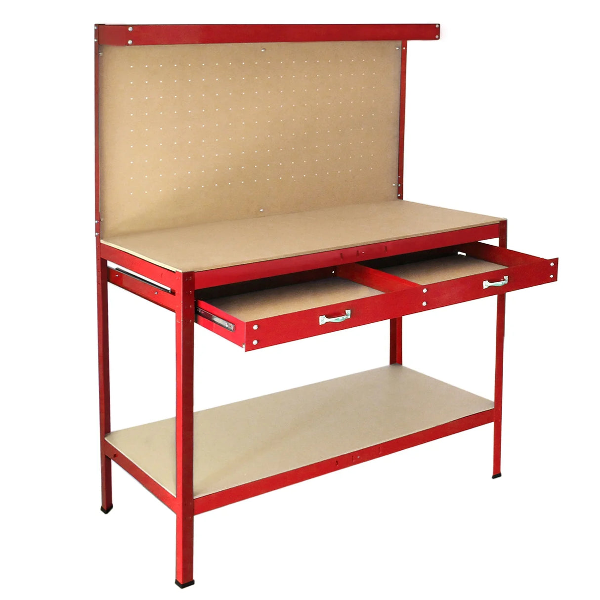 Red workbench featuring a pegboard back, two drawers, and a sturdy shelf, ideal for organizing tools and workspace essentials
