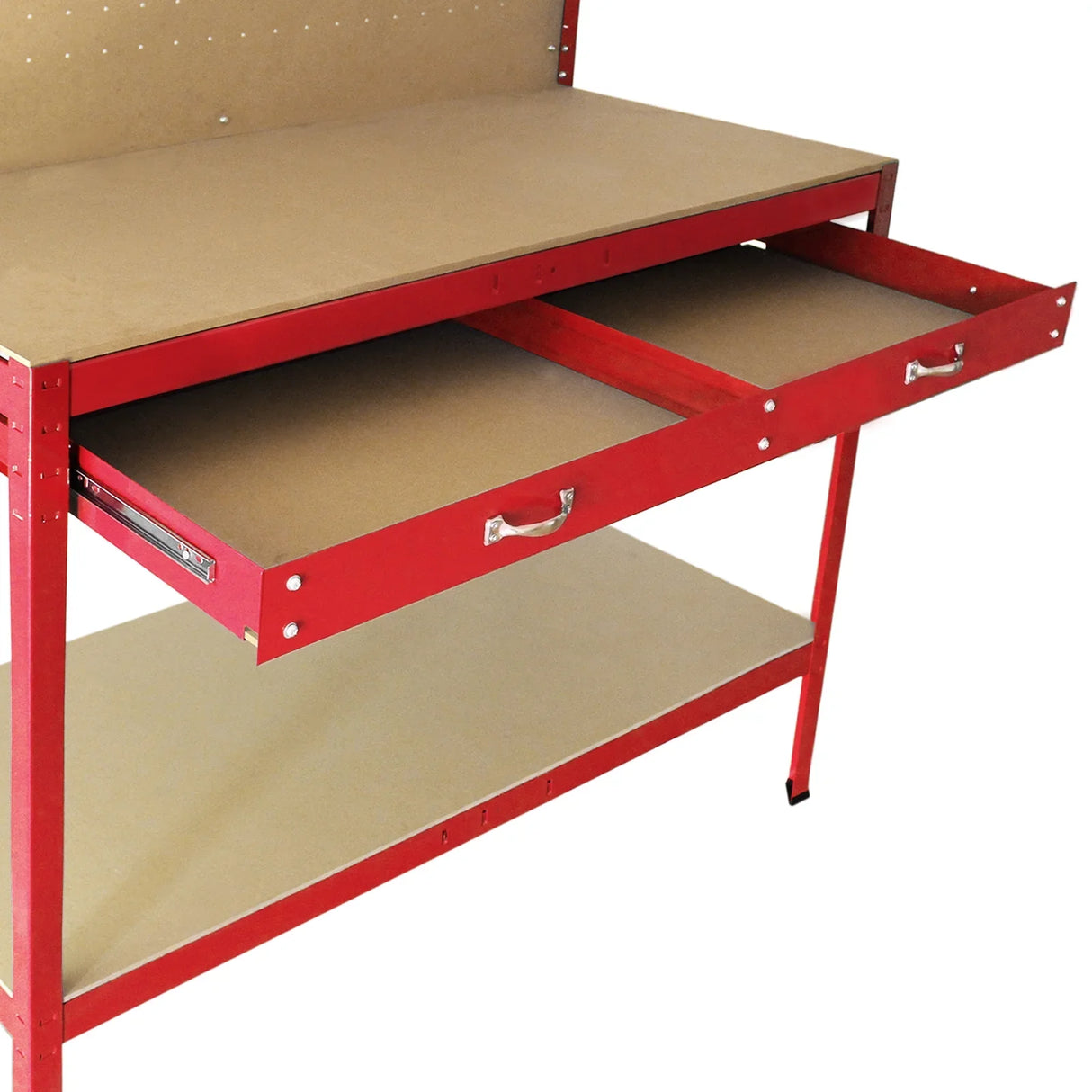Red workbench featuring a pegboard back, two spacious drawers, and a sturdy surface, ideal for tools and workspace organization
