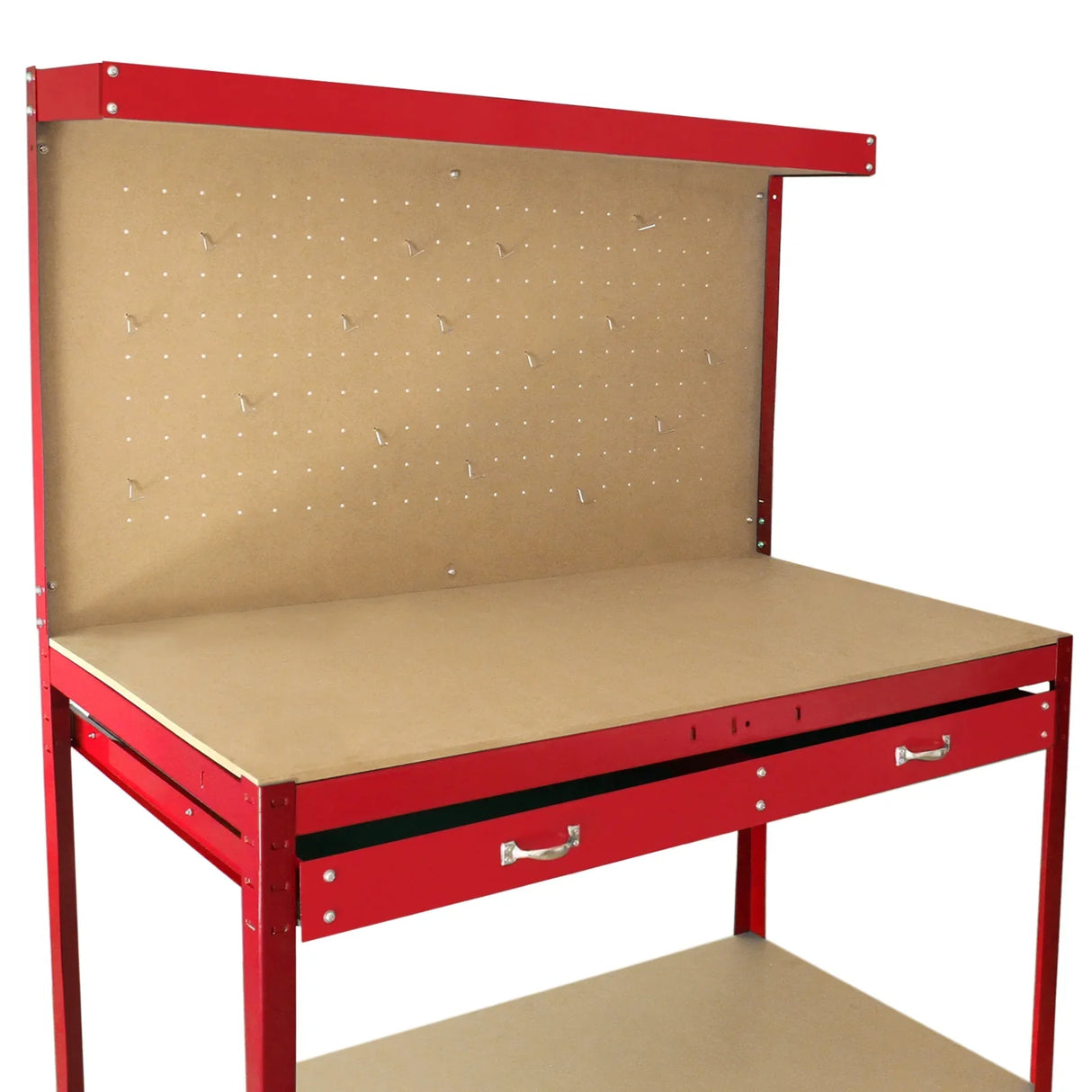 Red workbench featuring a pegboard back, spacious drawer, and smooth surface, ideal for organizing tools and workspace