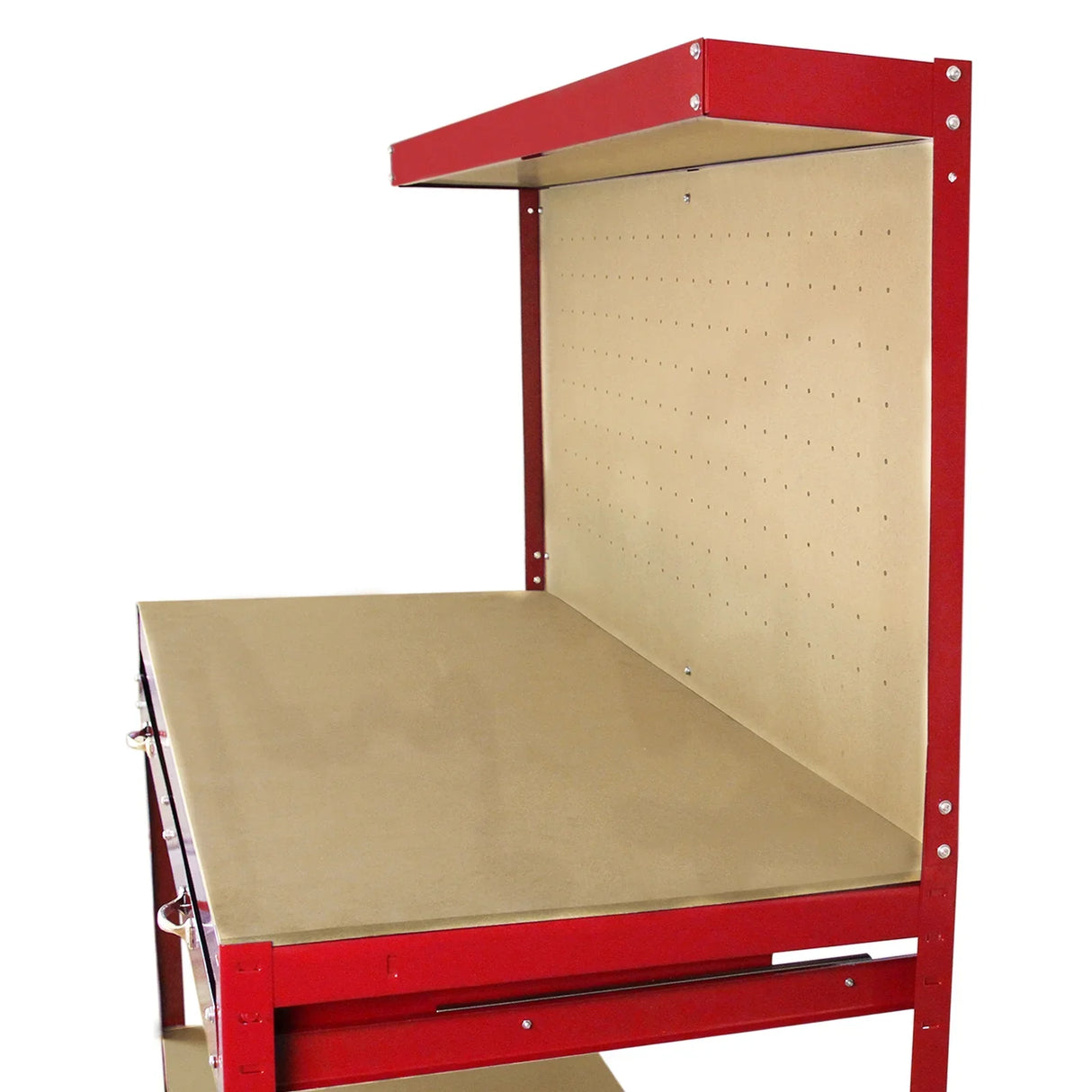 Red workbench featuring a smooth surface, pegboard back for tool storage, and a spacious drawer for organization
