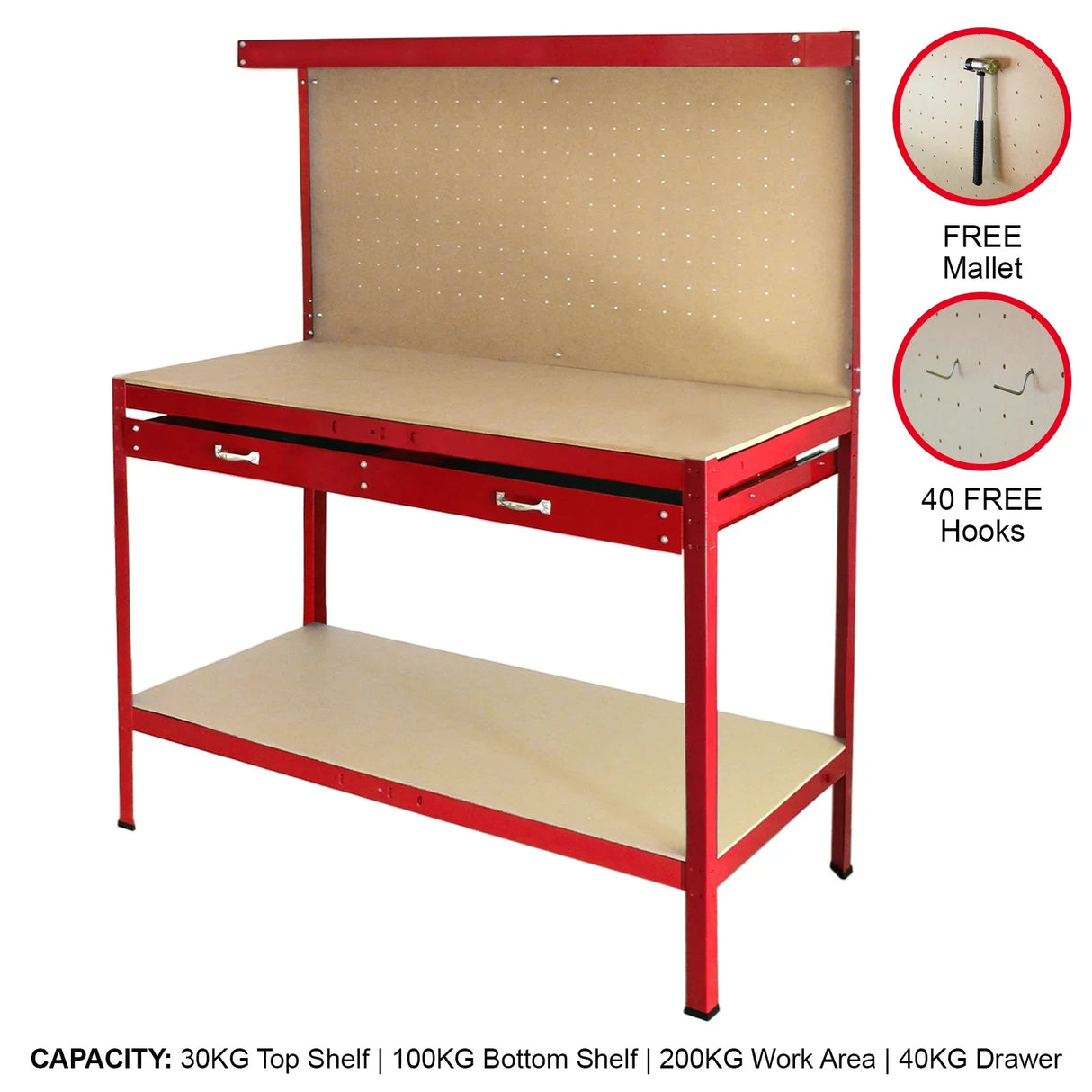 Red workbench with pegboard and drawer, featuring a sturdy design, smooth wood surface, and vibrant red metal frame for durability