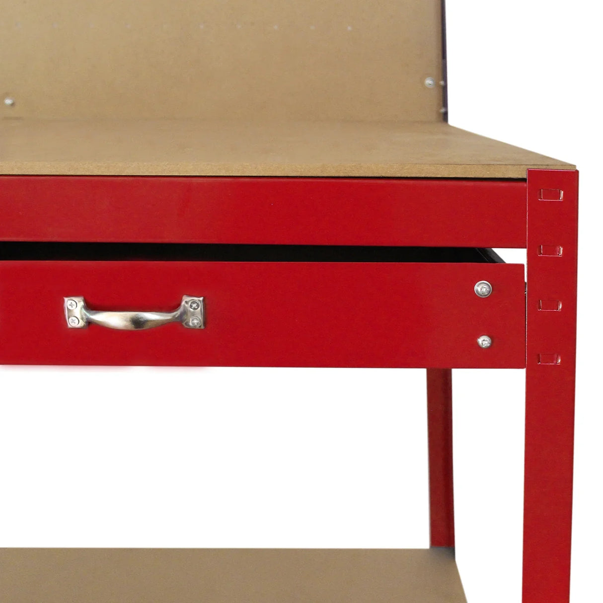Red workbench featuring a pegboard back, a smooth wooden top, and a metal drawer with a silver handle for storage and organization