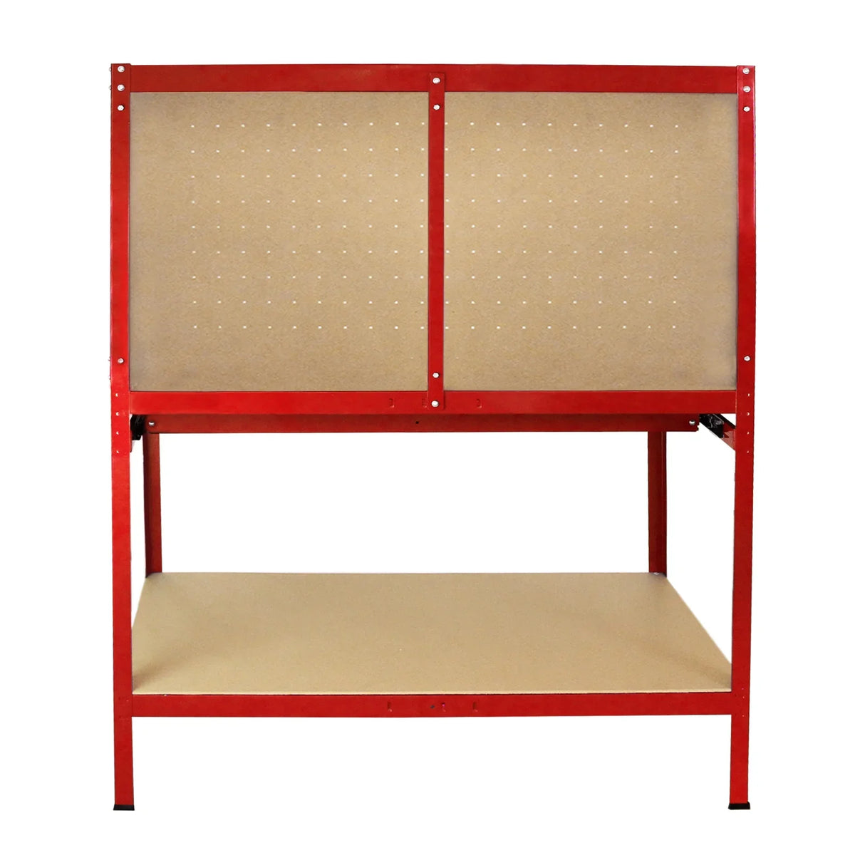 Red workbench featuring a pegboard back and a spacious drawer, with a sturdy metal frame and smooth wooden surface for versatile use