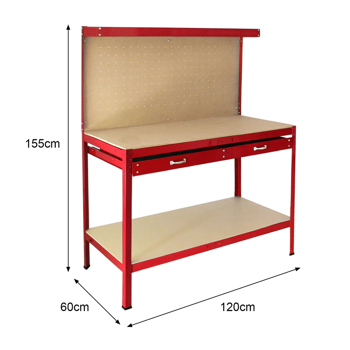 Red workbench featuring a pegboard back, a spacious drawer, and a sturdy base, measuring 120cm wide and 155cm tall