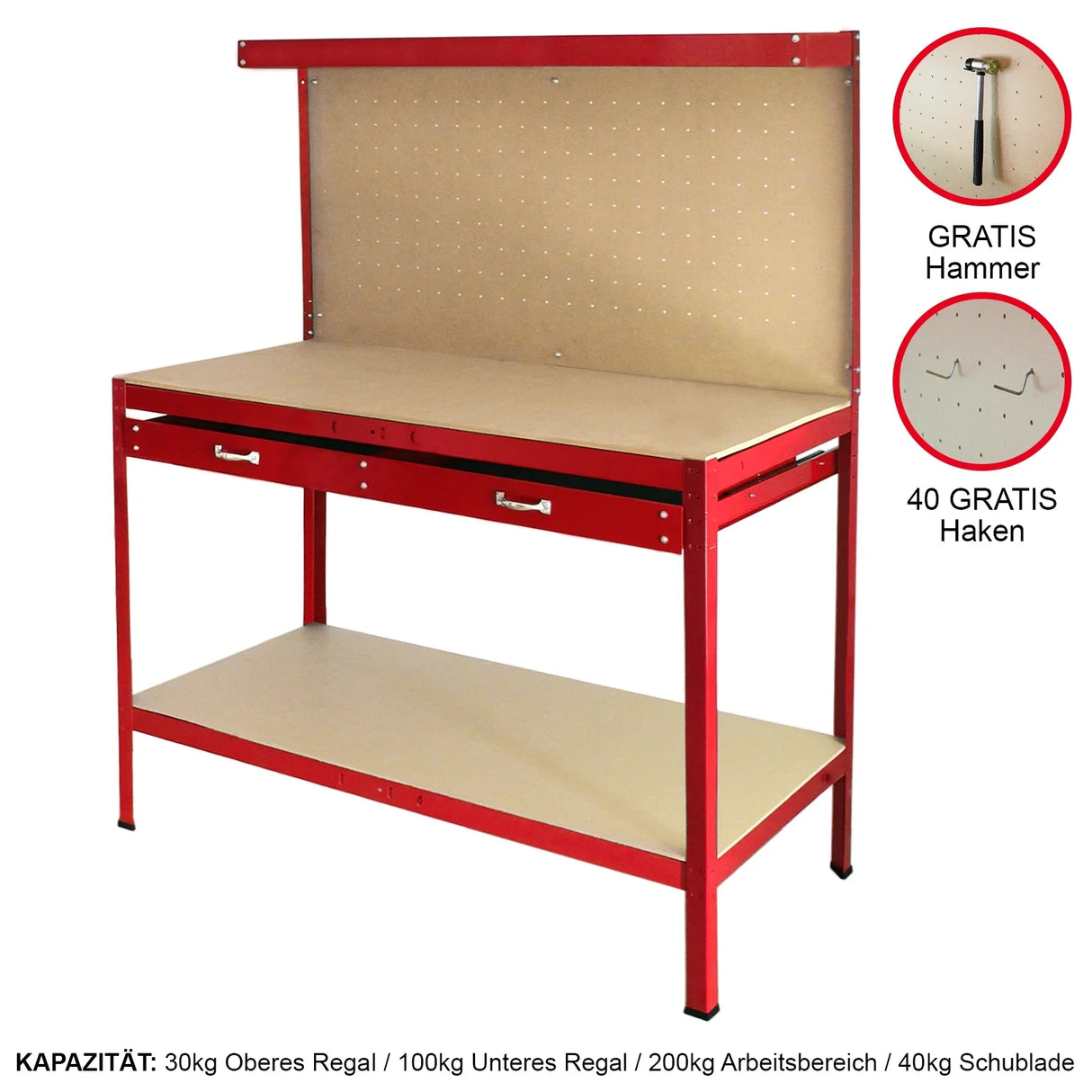 Red workbench featuring a pegboard back, two drawers, and a sturdy wooden top, ideal for tools and workspace organization