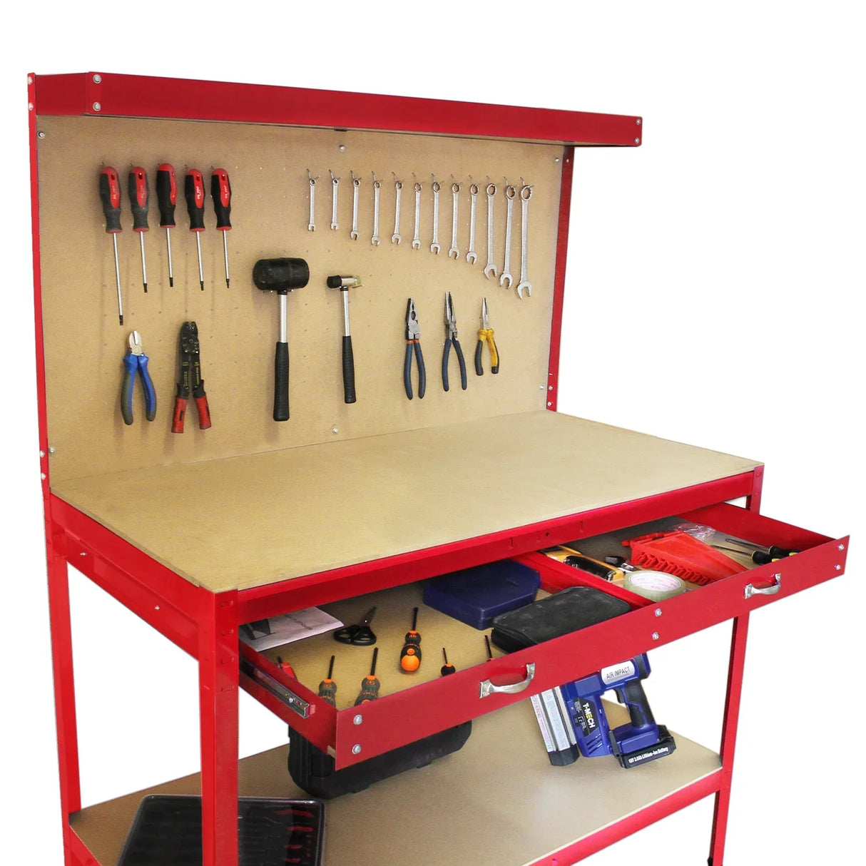 Red workbench featuring a pegboard with hanging tools, a smooth surface, and a spacious drawer for storage underneath