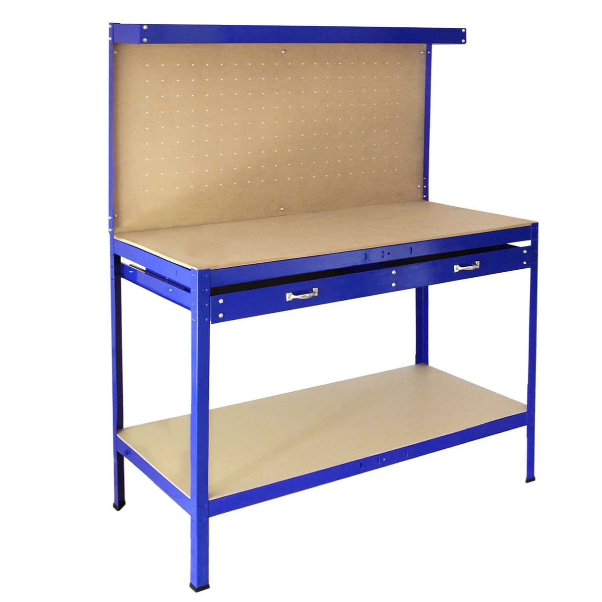 Blue workbench featuring a pegboard back, smooth surface, and a drawer for storage, ideal for workshops and DIY projects