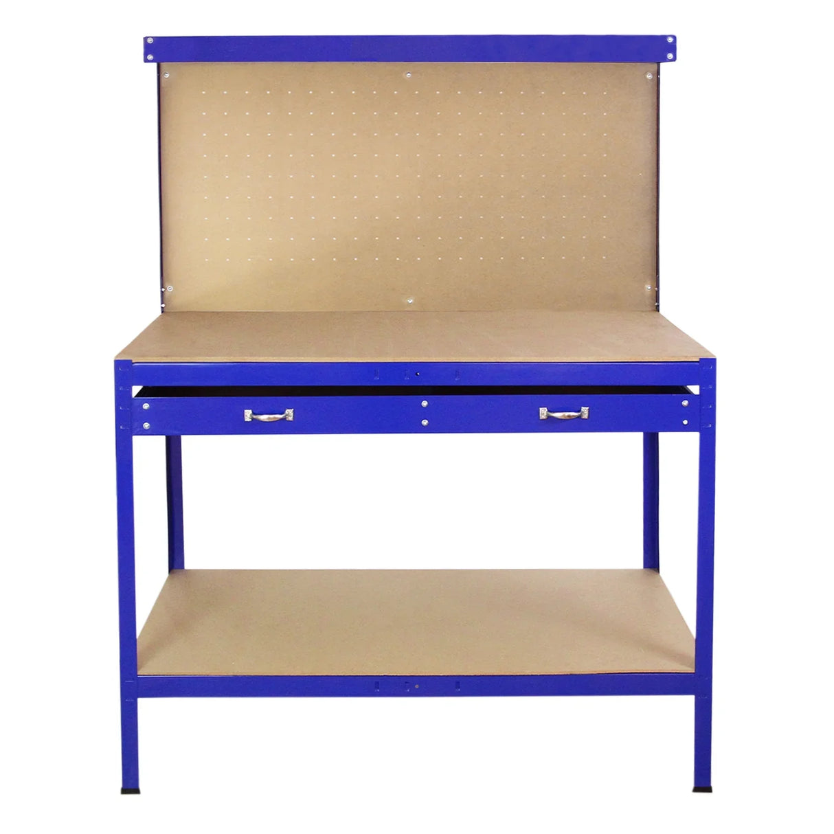 Blue workbench featuring a pegboard back, two drawers, and a sturdy tabletop, ideal for organizing tools and workspace