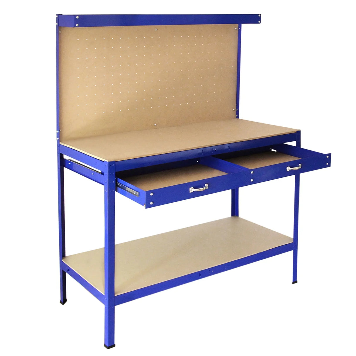 Blue workbench featuring a pegboard back, two spacious drawers, and a sturdy lower shelf for tools and supplies