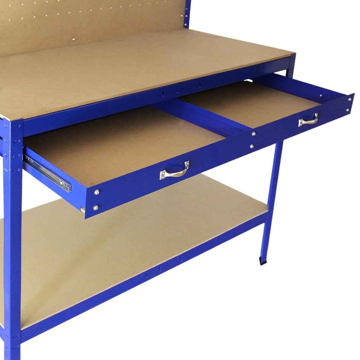 Blue workbench featuring a pegboard and two spacious drawers, ideal for organizing tools and workspace efficiently