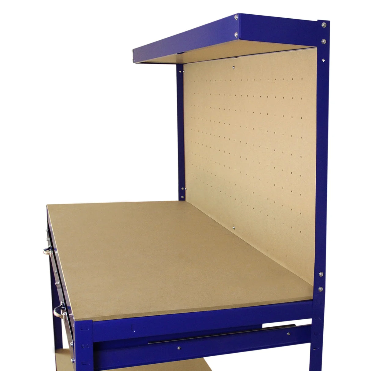 Blue workbench featuring a sturdy surface, pegboard back for tool storage, and a convenient drawer for organization