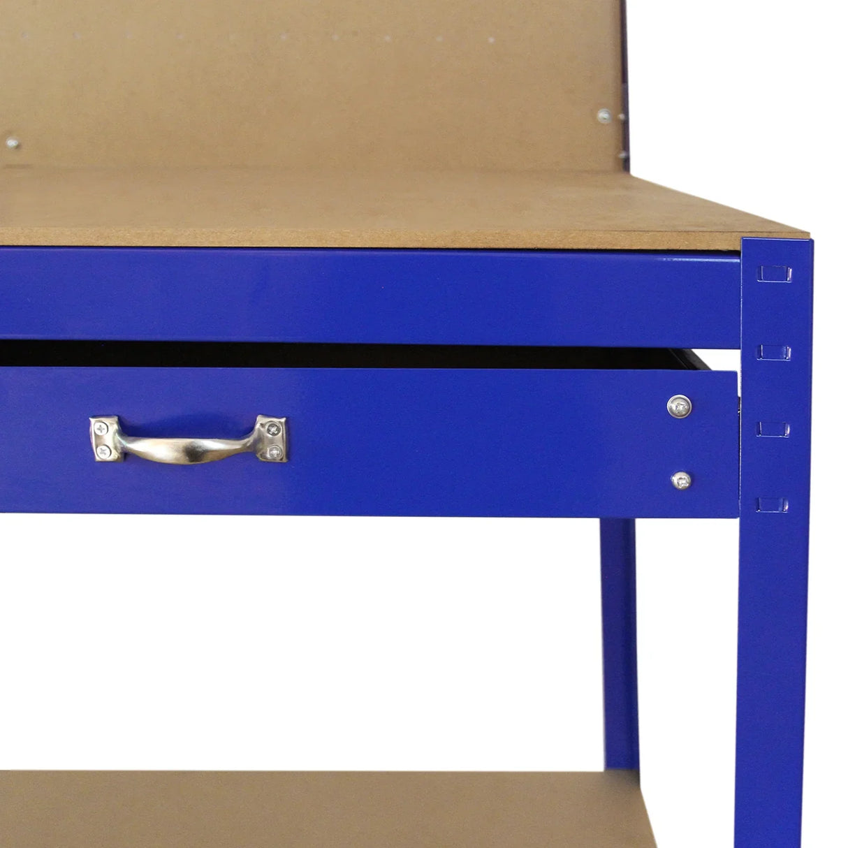 Blue workbench featuring a sturdy top, pegboard back, and a metal drawer with a silver handle for organized storage