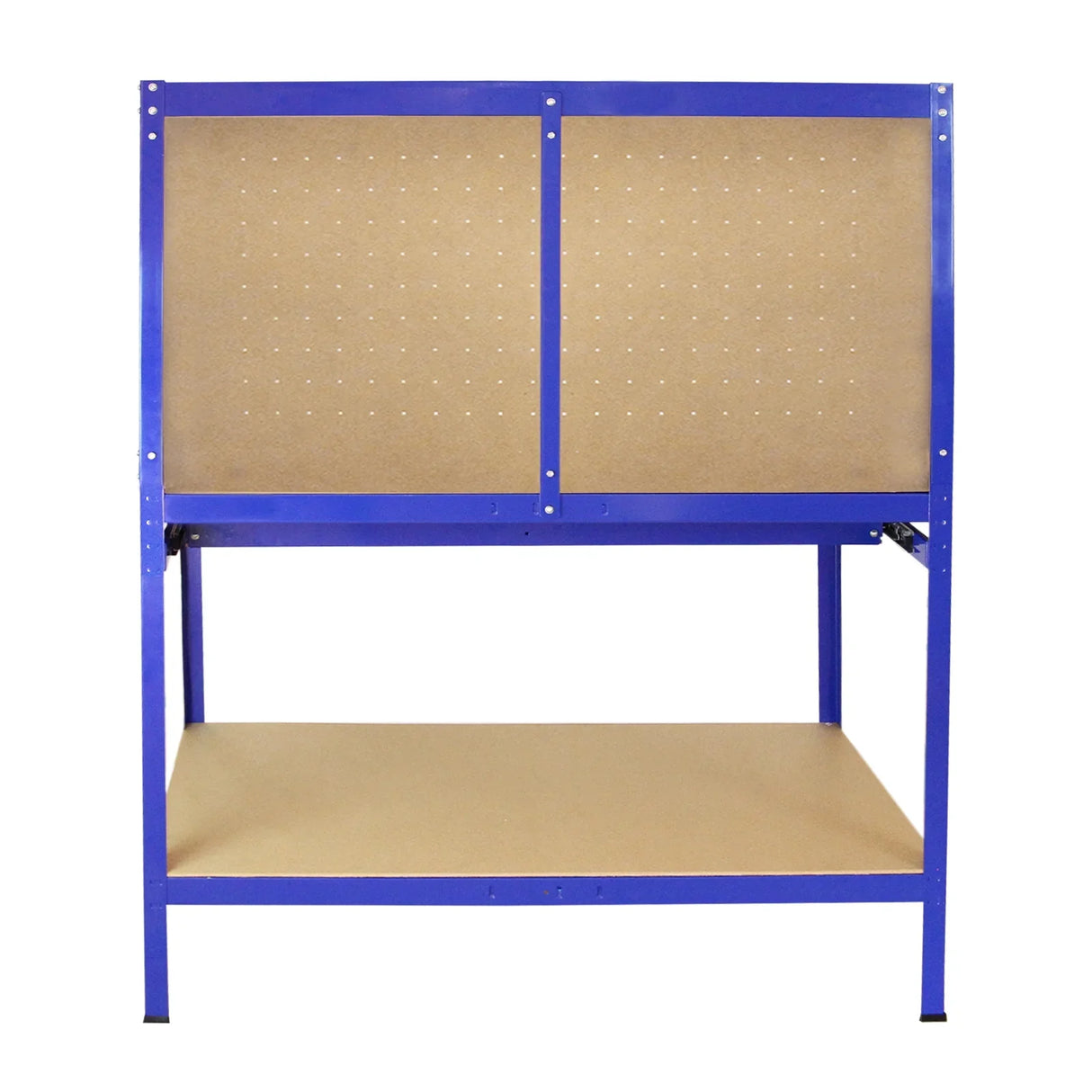 Blue workbench featuring a pegboard back and a spacious drawer, ideal for organizing tools and workspace efficiently