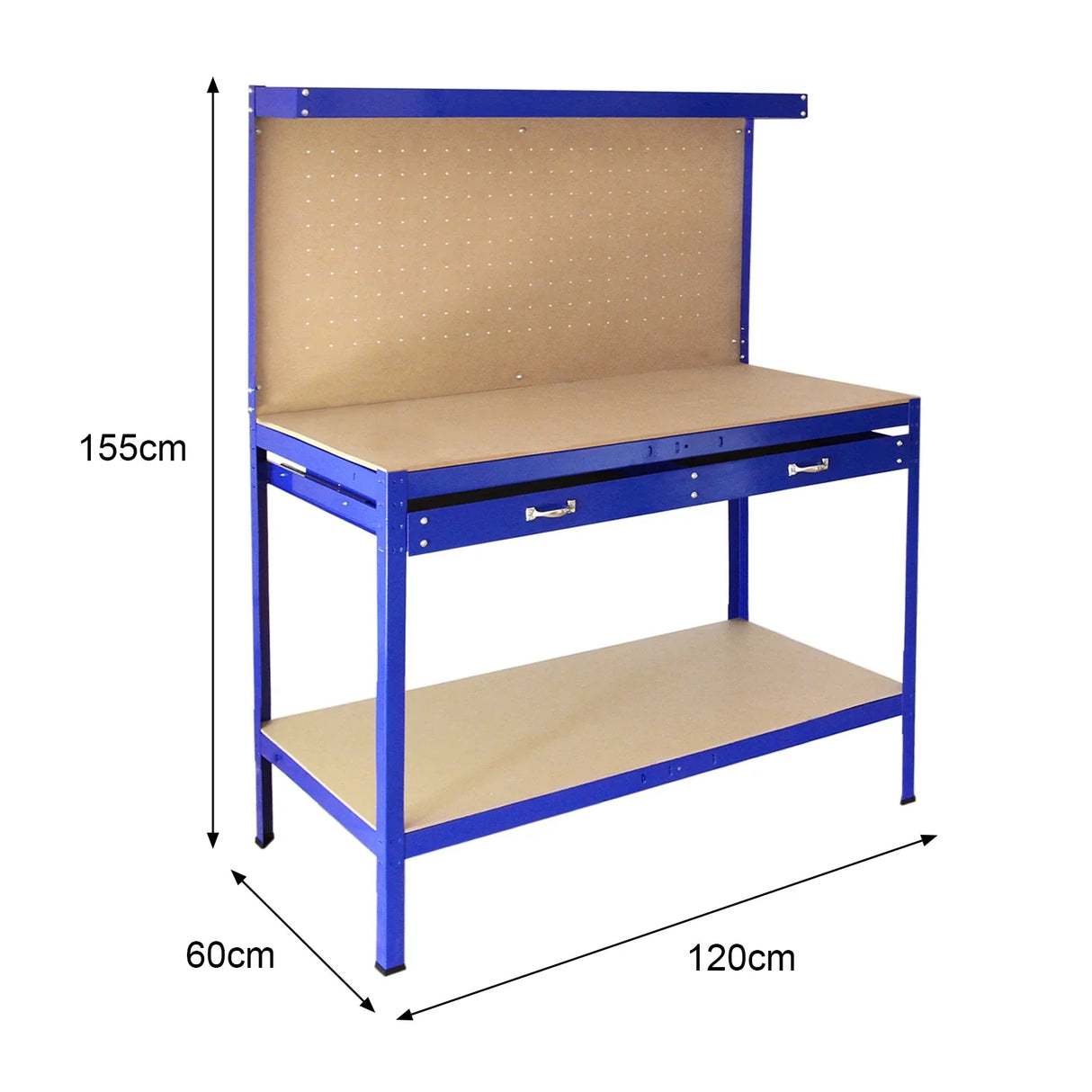 Workbench in blue with pegboard and drawer, featuring a sturdy design, smooth surface, and ample storage space, dimensions 120cm x 60cm x 155cm
