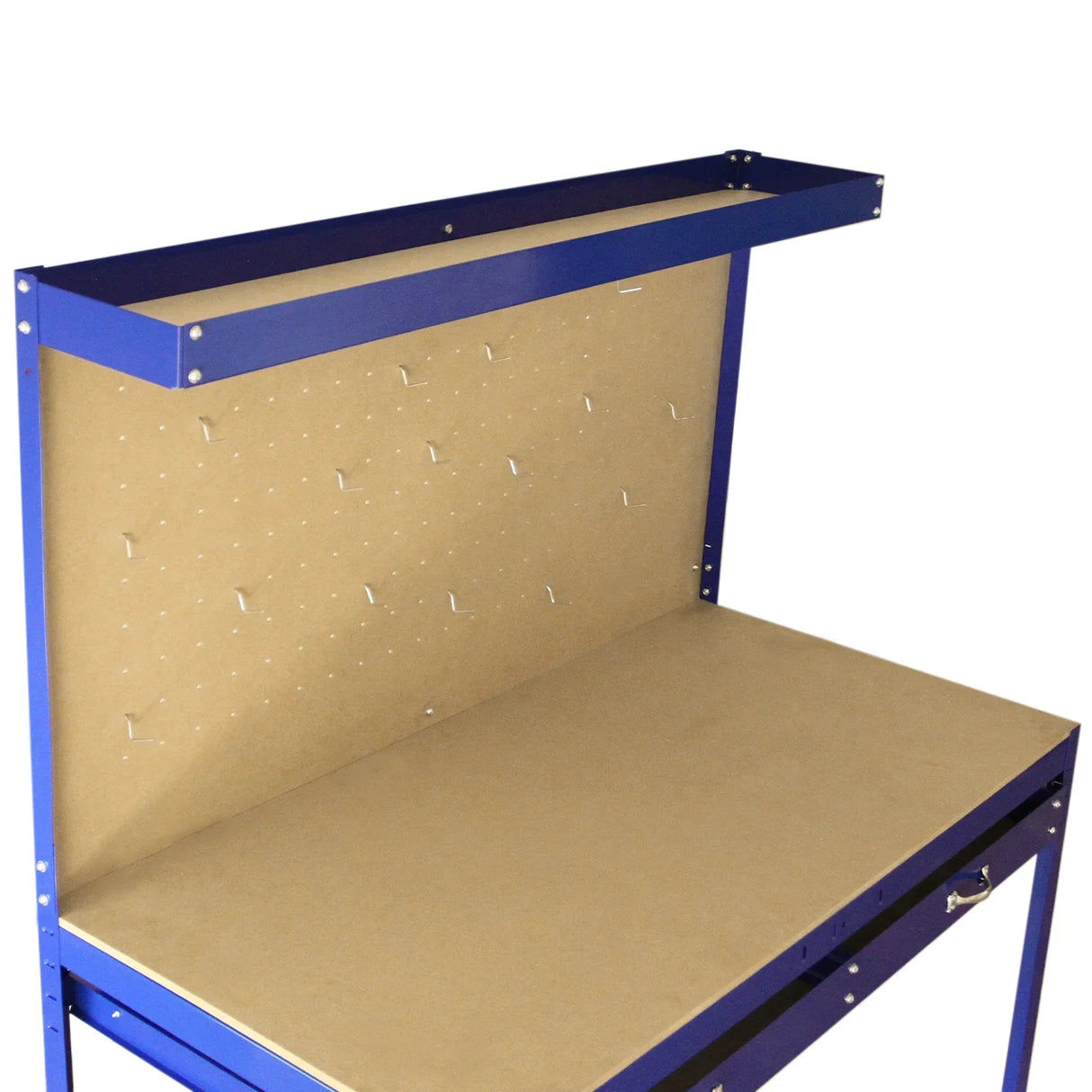 Blue workbench featuring a pegboard back, smooth surface, and a drawer for storage, ideal for organizing tools and workspace