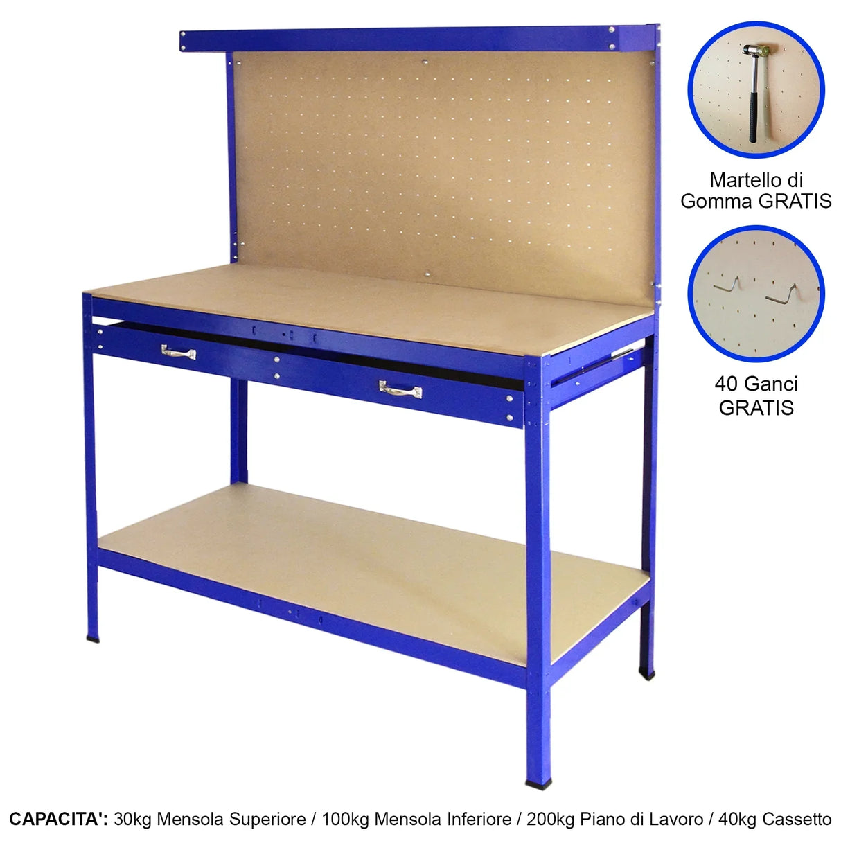 Workbench in blue with pegboard, drawer, and sturdy surface, ideal for tools and workspace organization, featuring a smooth finish