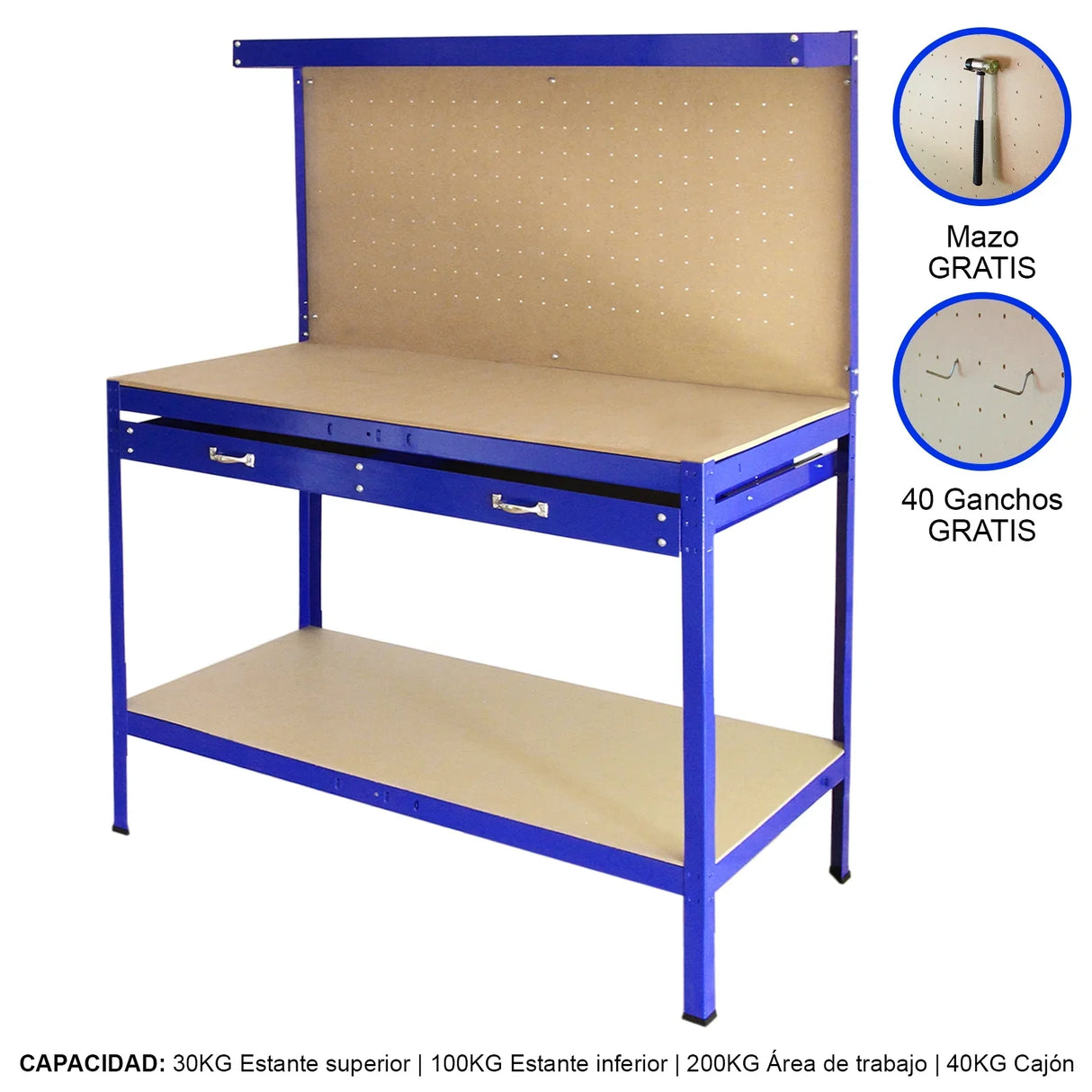 Workbench in blue with pegboard and drawer, featuring a sturdy design, smooth surface, and ample storage for tools and supplies