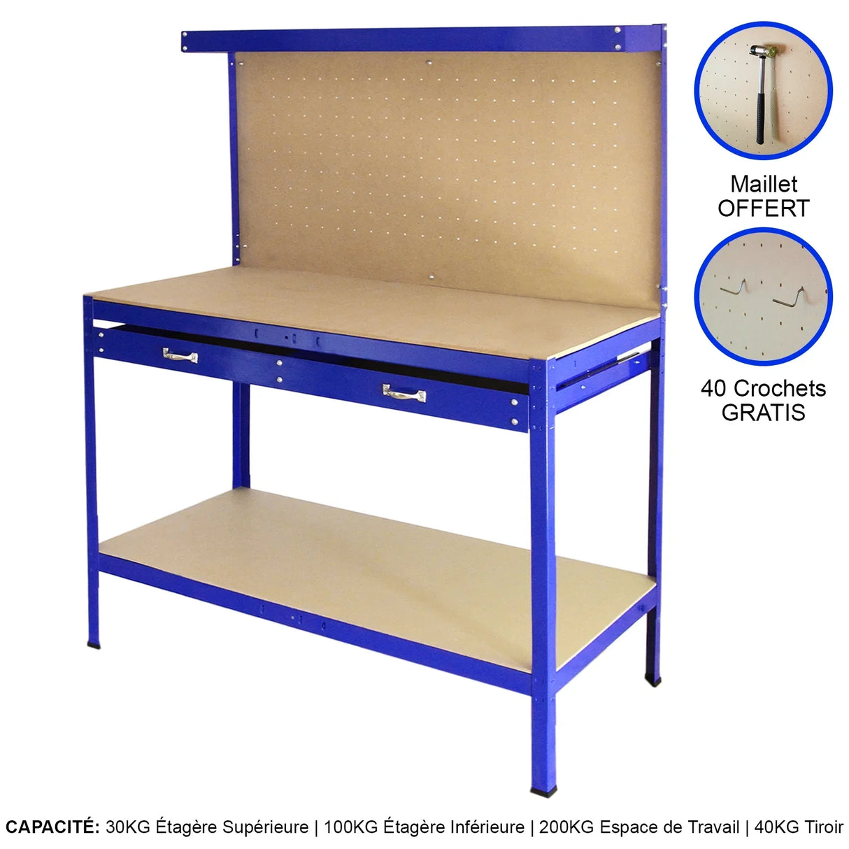 Workbench in blue with pegboard and drawer, featuring a sturdy metal frame, smooth wood surface, and organized tool storage options