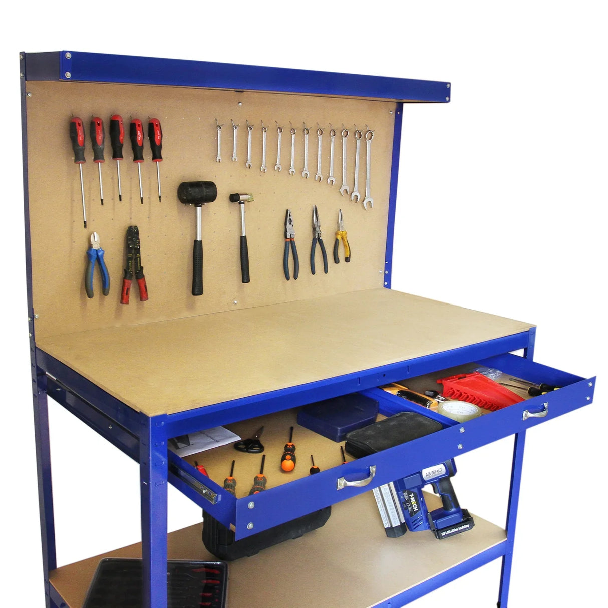 Blue workbench with pegboard and drawer, featuring various tools like wrenches, pliers, and a hammer, ideal for organization