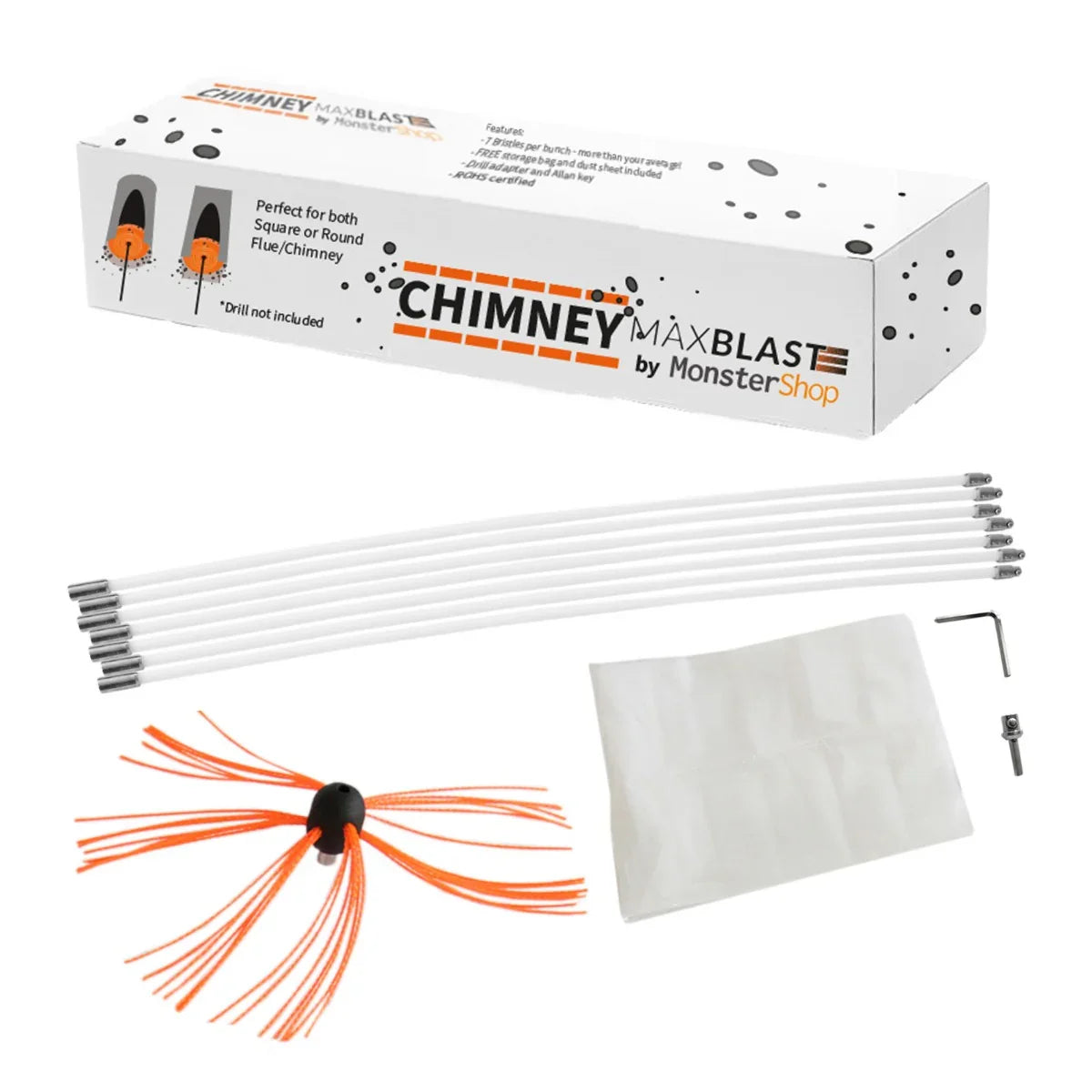 MAXBLAST Powered Chimney Sweep 10m kit with flexible rods, a brush with orange bristles, and a storage bag for easy use