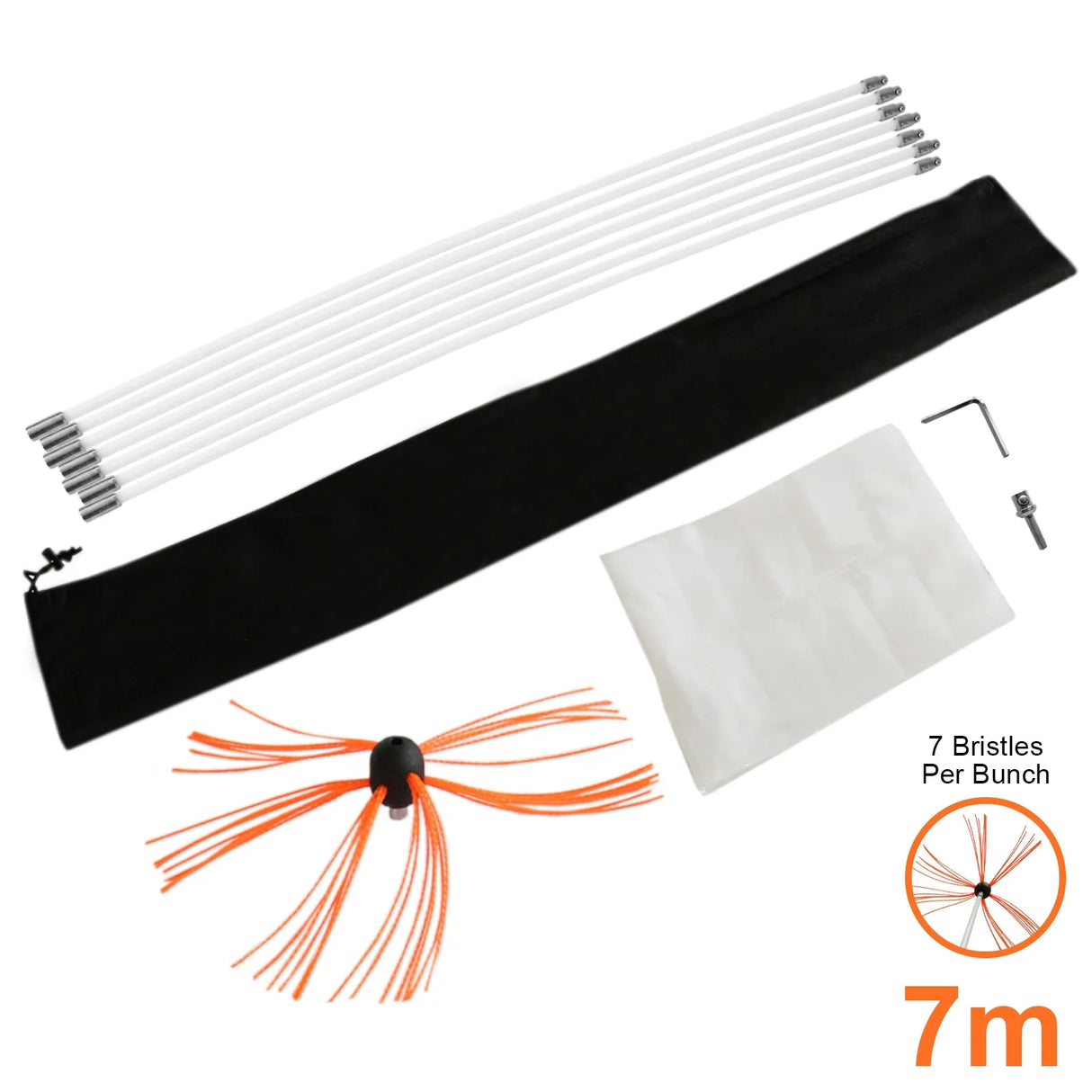 MAXBLAST Powered Chimney Sweep 7m kit with flexible rods, orange bristle brush, storage bag, and cleaning accessories for efficient chimney maintenance