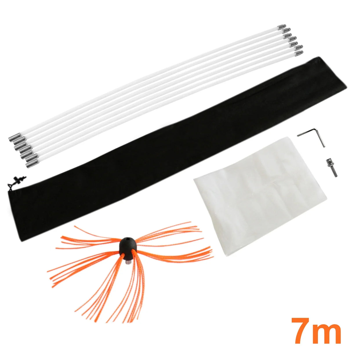 MAXBLAST Powered Chimney Sweep 7m kit includes flexible rods, a brush with orange bristles, storage bag, and cleaning accessories