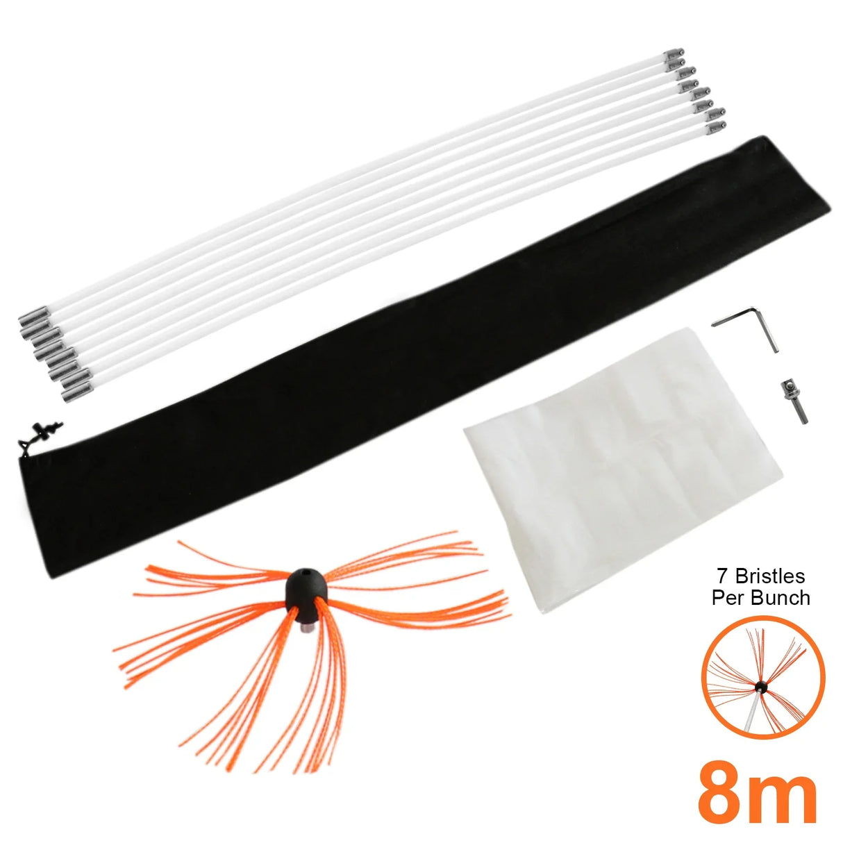 MAXBLAST Powered Chimney Sweep 8m kit featuring flexible white rods, a black storage bag, and an orange bristle brush for efficient cleaning