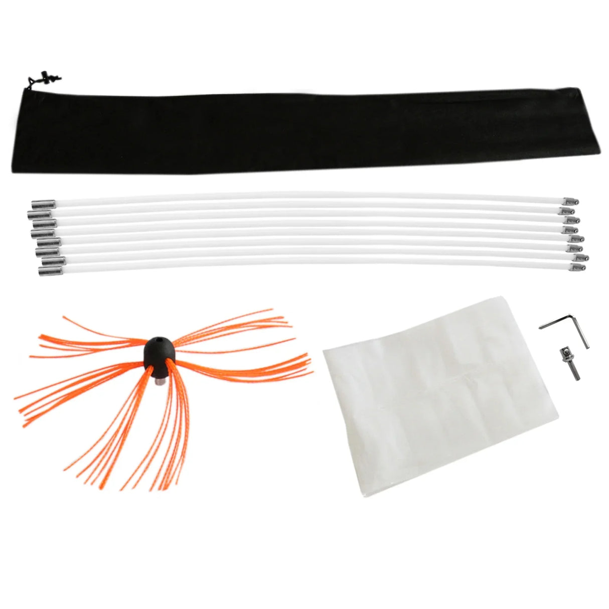MAXBLAST Powered Chimney Sweep 8m kit with white flexible rods, orange bristle brush, storage bag, and cleaning accessories