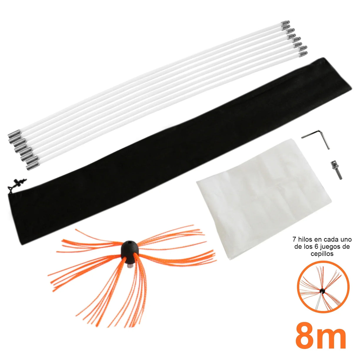 MAXBLAST Powered Chimney Sweep 8m kit with flexible rods, orange brush, storage bag, and cleaning accessories for efficient chimney maintenance