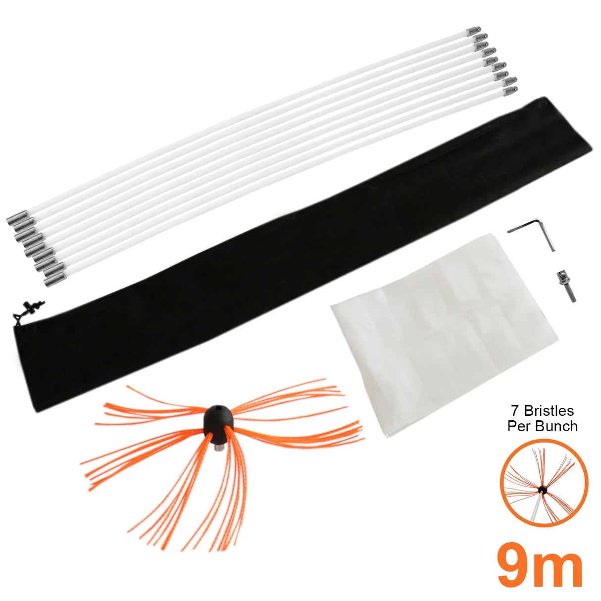 MAXBLAST Powered Chimney Sweep 9m kit with flexible white rods, orange bristle brush, storage bag, and cleaning accessories