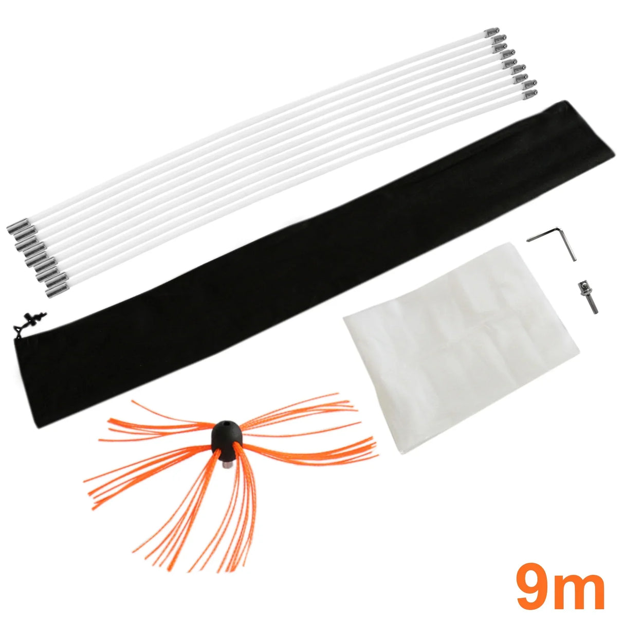 MAXBLAST Powered Chimney Sweep 9m kit includes flexible rods, a black storage bag, cleaning brush with orange bristles, and accessories