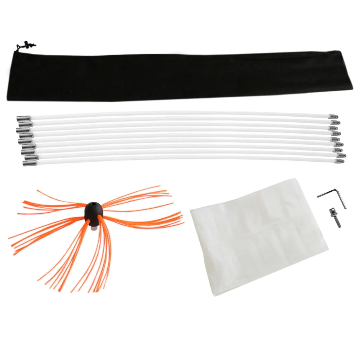 MAXBLAST Powered Chimney Sweep 9m kit includes flexible white rods, an orange brush head, storage bag, and cleaning cloth for easy maintenance