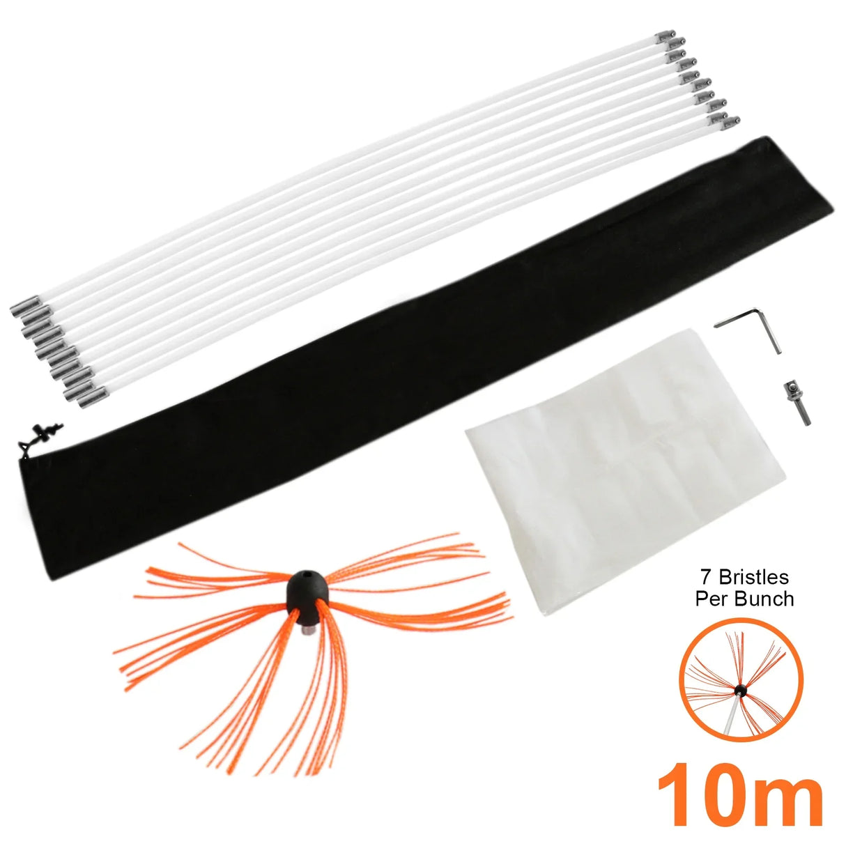 MAXBLAST Powered Chimney Sweep 10m kit with flexible white rods, orange bristle brush, storage bag, and accessories for effective cleaning