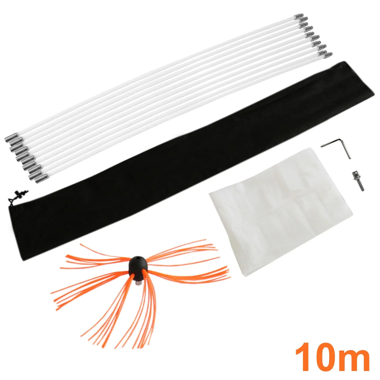 MAXBLAST Powered Chimney Sweep 10m kit featuring flexible white rods, black storage bag, and bright orange brush for effective cleaning