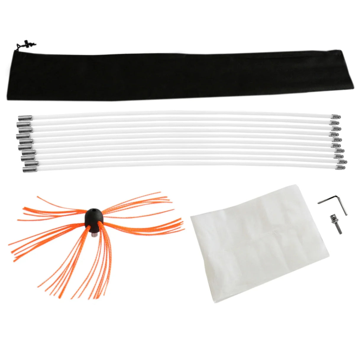 MAXBLAST Powered Chimney Sweep 10m kit includes flexible white rods, orange bristle brush, storage bag, and cleaning cloth for effective chimney maintenance