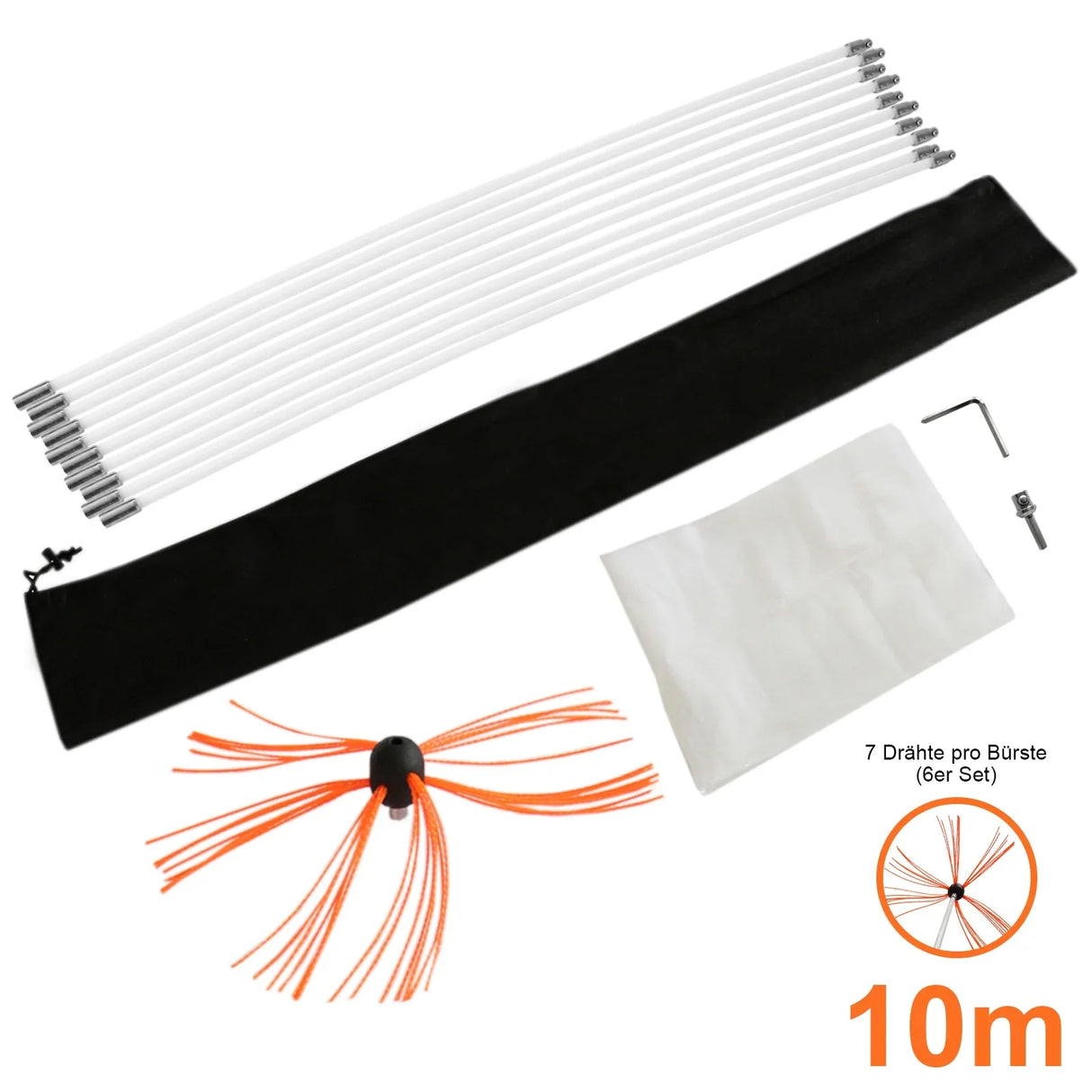 MAXBLAST Powered Chimney Sweep 10m set includes flexible rods, orange bristle brush, storage bag, and cleaning accessories