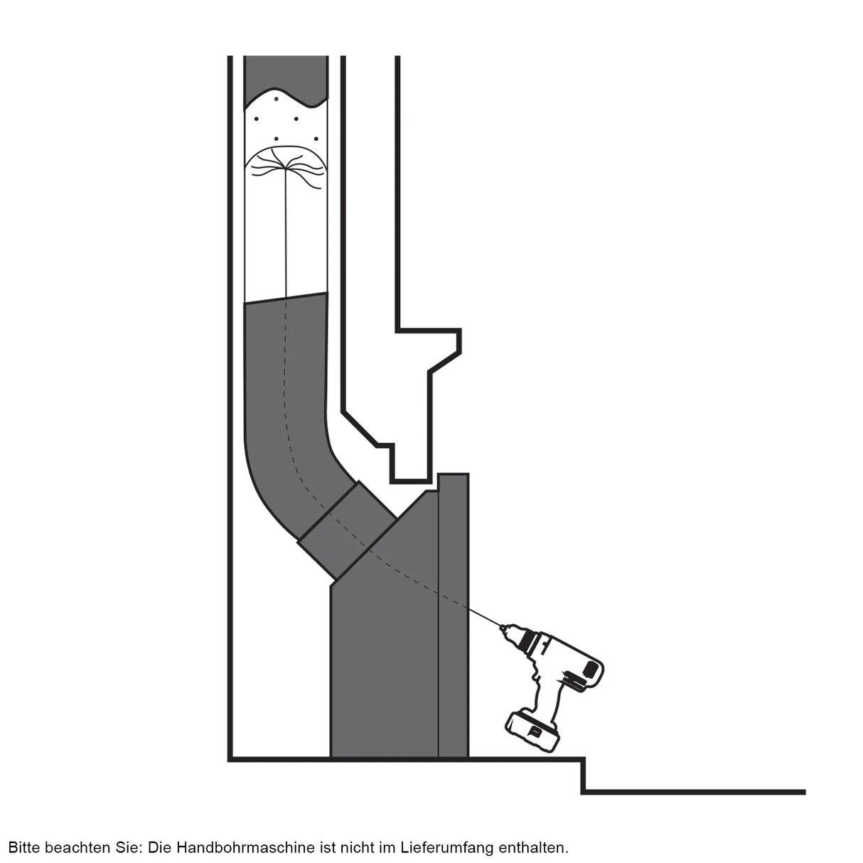 MAXBLAST Powered Chimney Sweep 10m diagram showing installation with a drill, highlighting the chimney's curved shape and cleaning mechanism