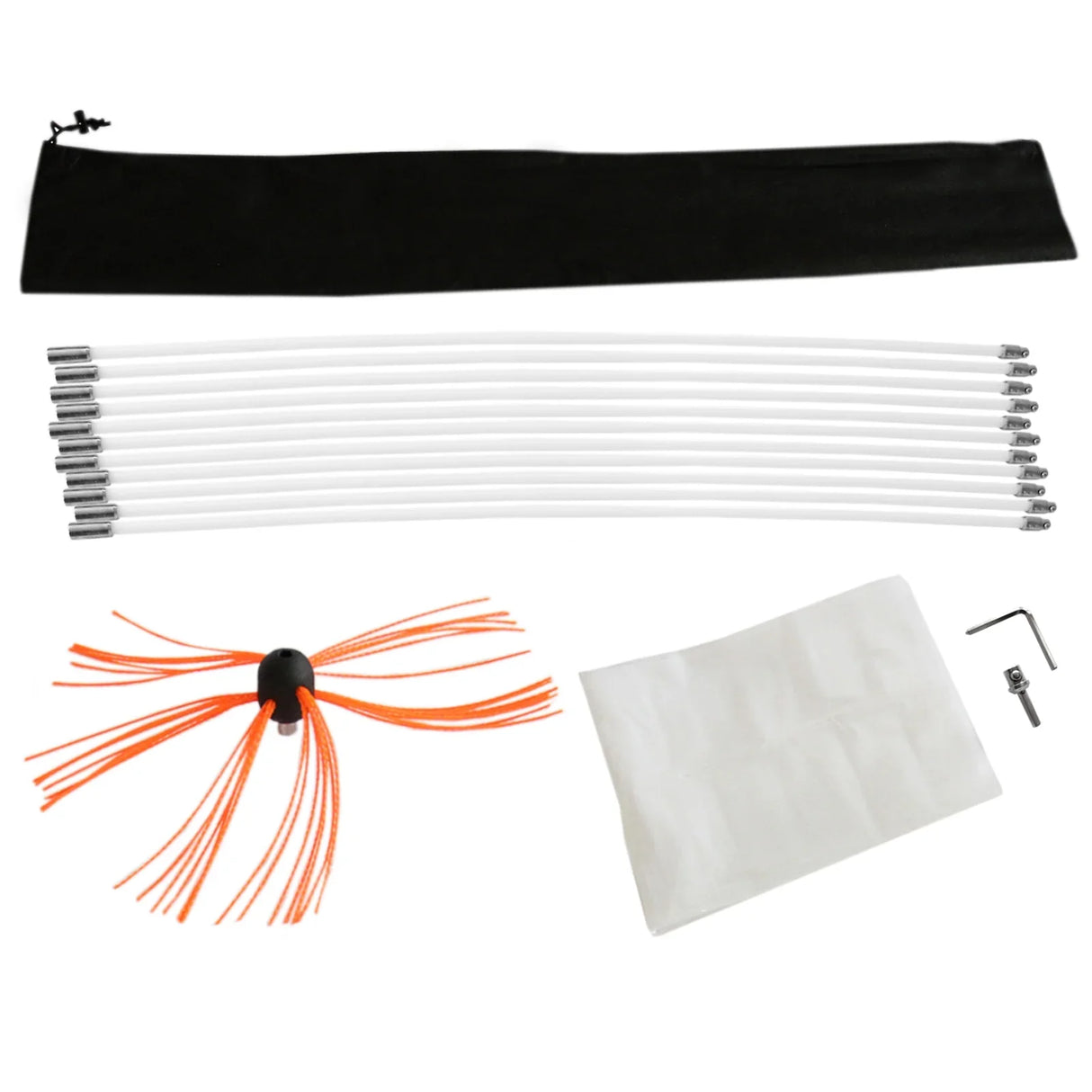 MAXBLAST Powered Chimney Sweep 11m kit featuring flexible white rods, orange bristle brush, storage bag, and cleaning accessories