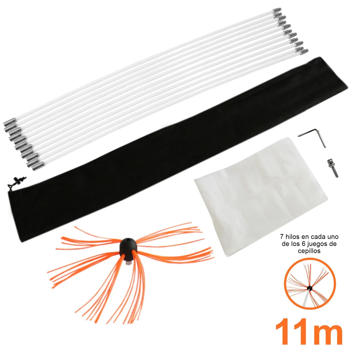 MAXBLAST Powered Chimney Sweep 11m kit featuring flexible rods, a black storage bag, and an orange-bristled cleaning brush