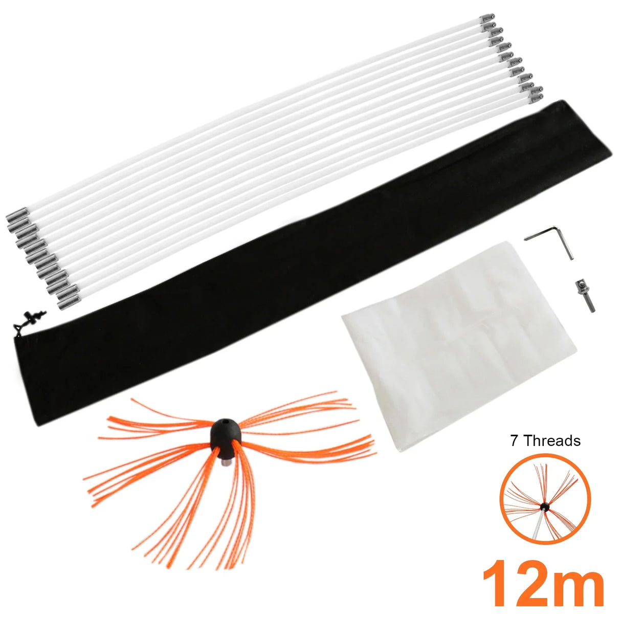 MAXBLAST Powered Chimney Sweep 12m kit includes flexible white rods, orange bristle brush, storage bag, and cleaning accessories