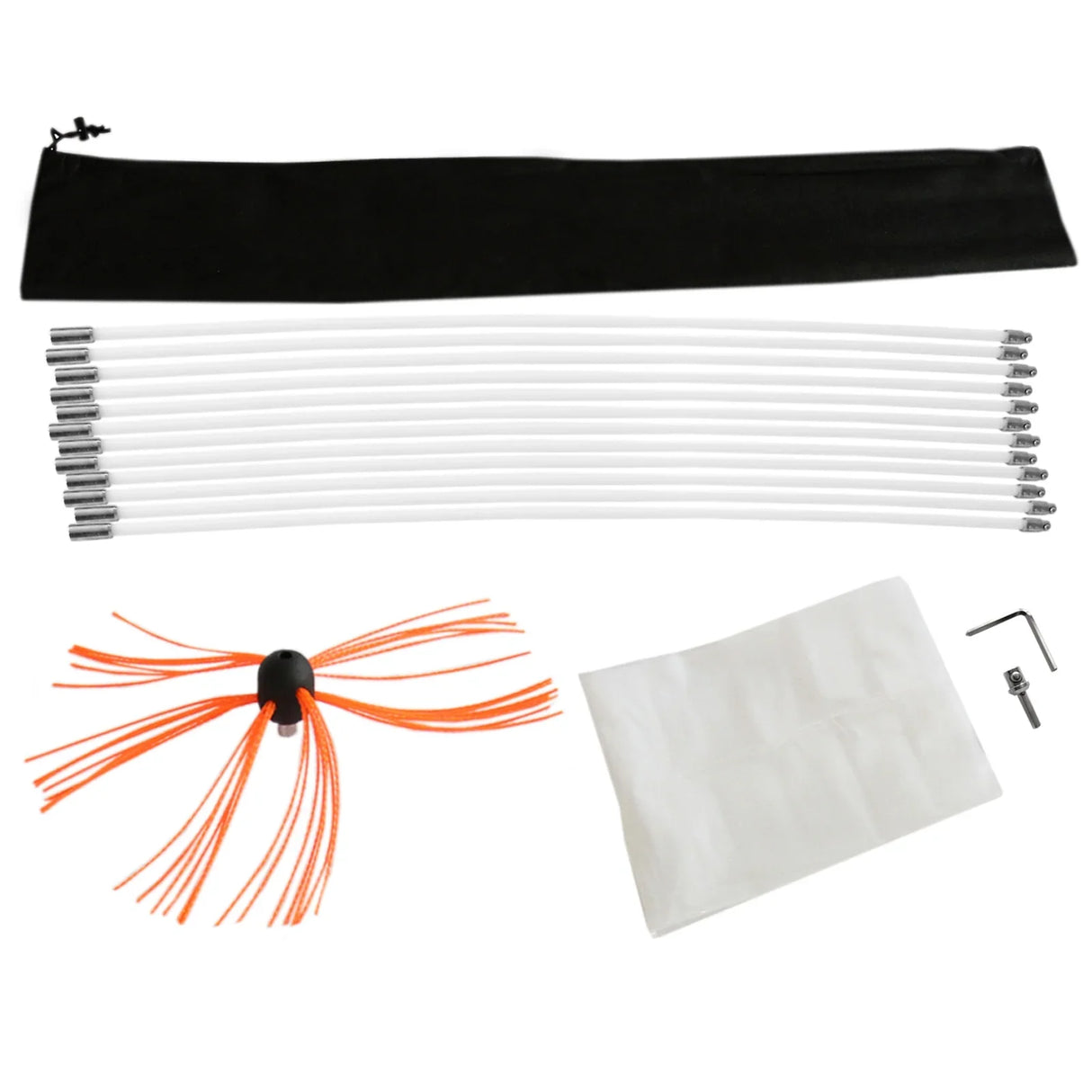 MAXBLAST Powered Chimney Sweep 12m kit with flexible white rods, orange bristle brush, storage bag, and cleaning accessories