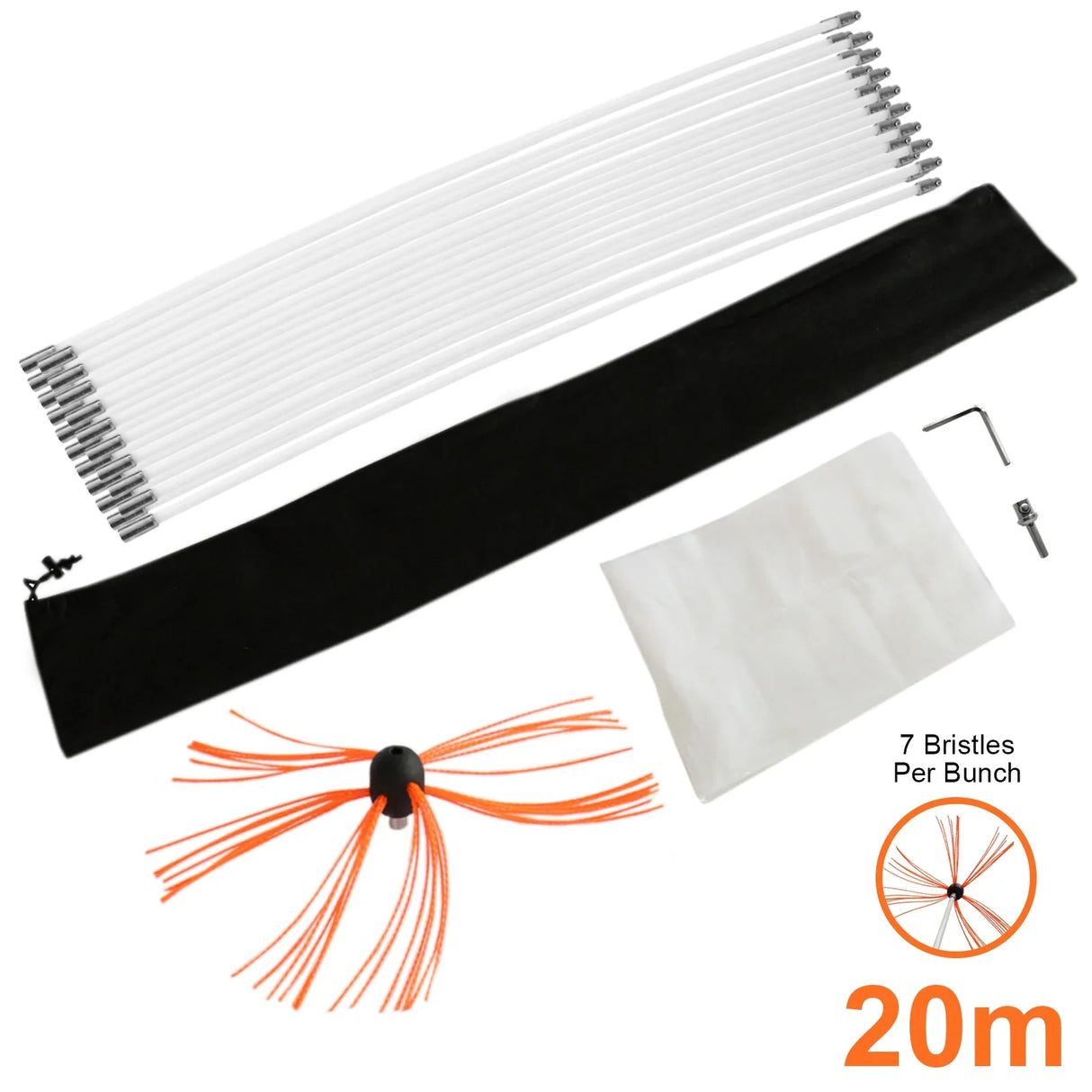 MAXBLAST Powered Chimney Sweep 20m kit featuring flexible rods, orange bristle brush, storage bag, and cleaning accessories