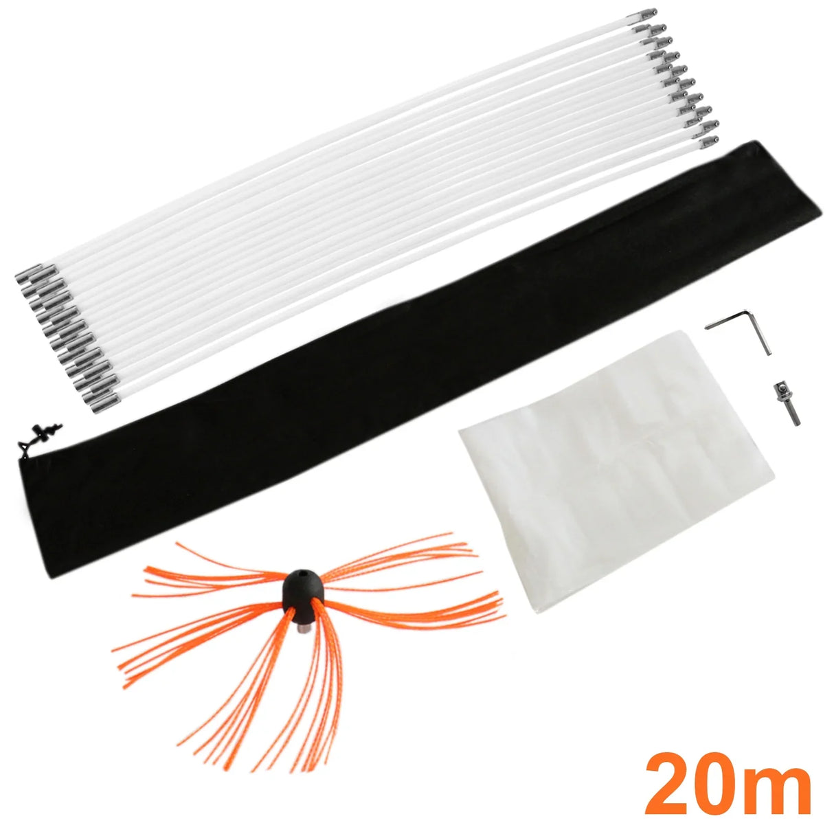 MAXBLAST Powered Chimney Sweep 20m kit includes flexible rods, a brush with orange bristles, storage bag, and cleaning accessories