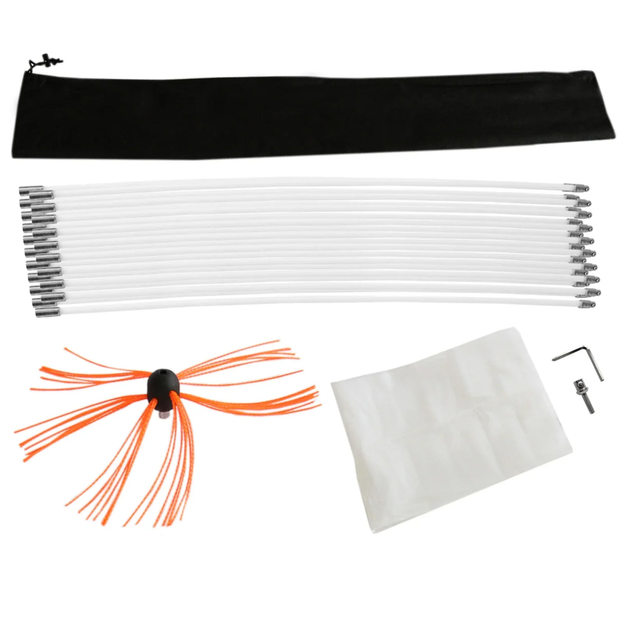 MAXBLAST Powered Chimney Sweep 20m kit with flexible white rods, orange brush head, storage bag, and cleaning cloth for efficient chimney maintenance
