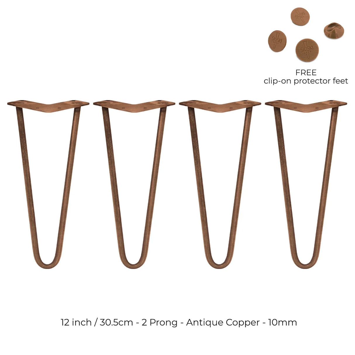 Antique copper 12-inch hairpin legs with a 2-prong design, featuring a smooth finish and included clip-on protector feet
