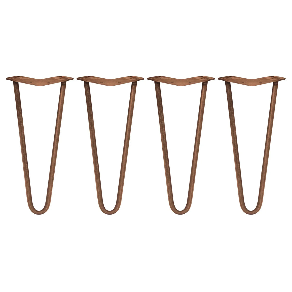 Antique copper 4 x 12" hairpin legs with a sleek, modern design and sturdy 10mm prongs, perfect for DIY furniture projects