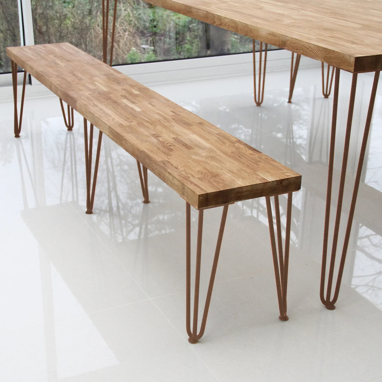 Antique copper hairpin legs, 4 x 12 inches, featuring a sleek, modern design with a 2-prong base, perfect for furniture projects